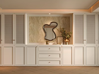 Modern Elegant White Wardrobe with Lattice Doors Decorative Mirror Drawers against Patterned Backdrop 3d model