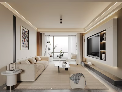 Modern Living Room Interior Design With Beige Sofa Coffee Table And Floor to Ceiling Window 3d model