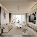 Modern Living Room Interior Design With Beige Sofa Coffee Table And Floor to Ceiling Window