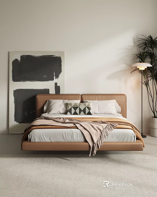 Double Bed With Brown Upholstered Headboard White Pillows Geometric Cushion Brown Throw Blanket Black And White Abstract Painting Floor Lamp 3d model 