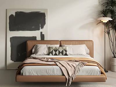 Double Bed With Brown Upholstered Headboard White Pillows Geometric Cushion Brown Throw Blanket Black And White Abstract Painting Floor Lamp 3d model