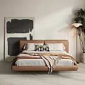 Double Bed With Brown Upholstered Headboard White Pillows Geometric Cushion Brown Throw Blanket Black And White Abstract Painting Floor Lamp