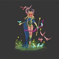 Elven Archer With Horns And Bow Surrounded By White Birds Butterflies On Green Grass
