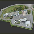 Cartoon Miniature Industrial Scene With Factory Buildings Tall Chimney Green Trees And Vehicles