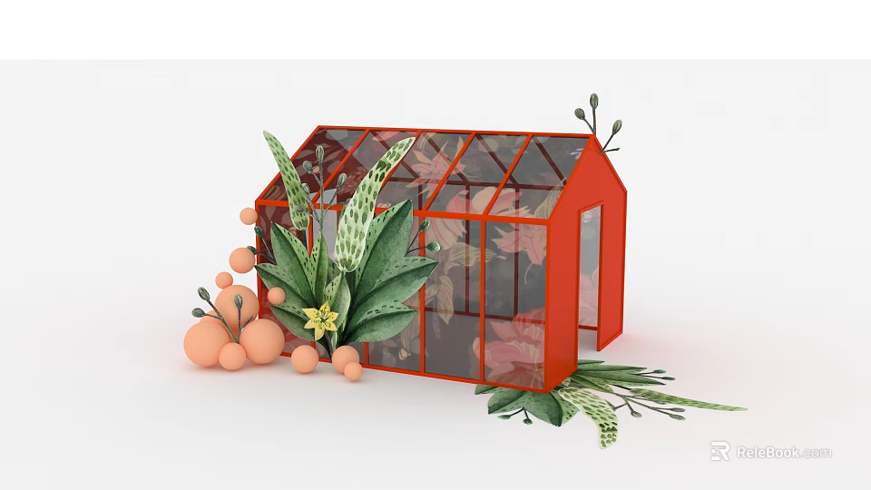 Runway Stage In Red Glass Greenhouse With Lush Plants And Orange Decorations 3d model 