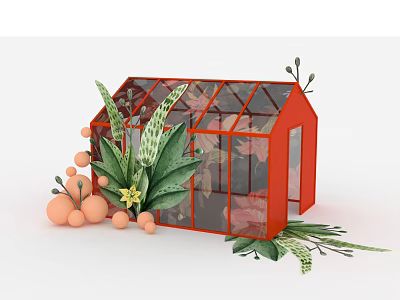 Runway Stage In Red Glass Greenhouse With Lush Plants And Orange Decorations 3d model