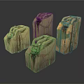 Four Vintage Jerry Cans With Handles Showing Worn Textures And Various Colors