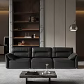 Modern Black Leather Sofa Coffee Table Combination In Living Room With Bookshelves And Floor Lamp