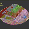 Ancient Architecture Scene Featuring Blue Roof Yellow Walls Symmetrical Design Green Lawns And Pathways