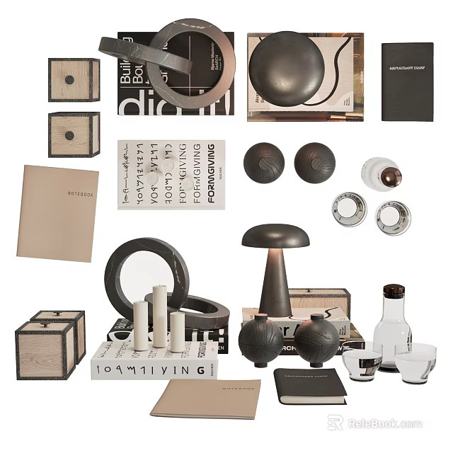 Elegant Modern Minimalist Decorative Ornament Set With Wooden Boxes Metal Ring Mirror And Candles 3d model 