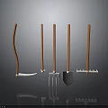Five Piece Garden Tool Set With Orange Handles And Metal Heads On Dark Surface