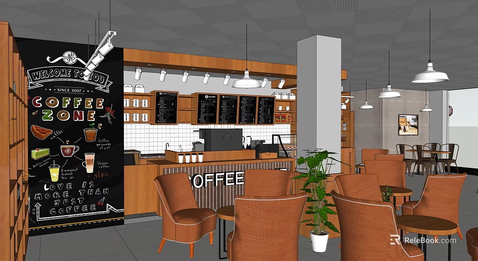 Cozy Coffee Shop Interior With Wooden Counter Menu Boards And Brown Leather Chairs 3d model 