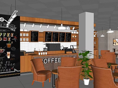 Cozy Coffee Shop Interior With Wooden Counter Menu Boards And Brown Leather Chairs 3d model