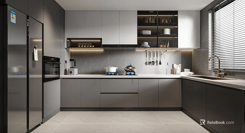 Modern Gray Kitchen With Sleek Cabinets Stainless Steel Appliances And Matte Countertop 3d model 
