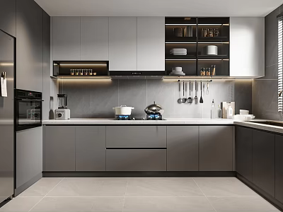 Modern Gray Kitchen With Sleek Cabinets Stainless Steel Appliances And Matte Countertop 3d model