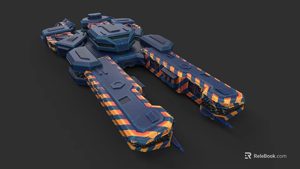 Futuristic Sci Fi Spaceship Model With Blue Orange Geometric Modular Structure 3d model