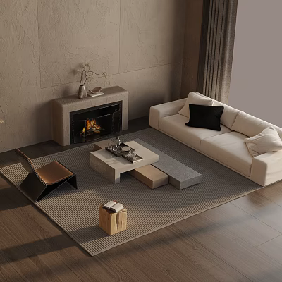 Modern Living Room Interior With Beige Sofa Black Beige Cushions And Modular Coffee Table Set 3d model