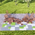 Outdoor Landscape Sculpture With Rusted Steel Plate On Checkerboard Paving In Grassland