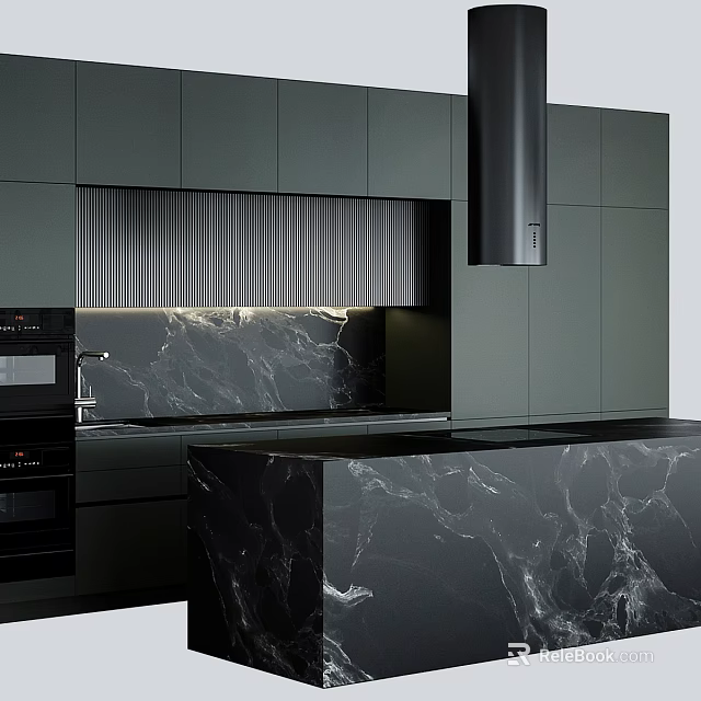 Modern Kitchen Interior With Sleek Dark Cabinets And Marble Island Countertop 3d model 