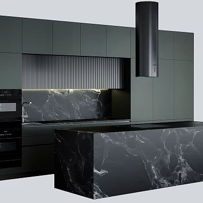 Modern Kitchen Interior With Sleek Dark Cabinets And Marble Island Countertop 3d model