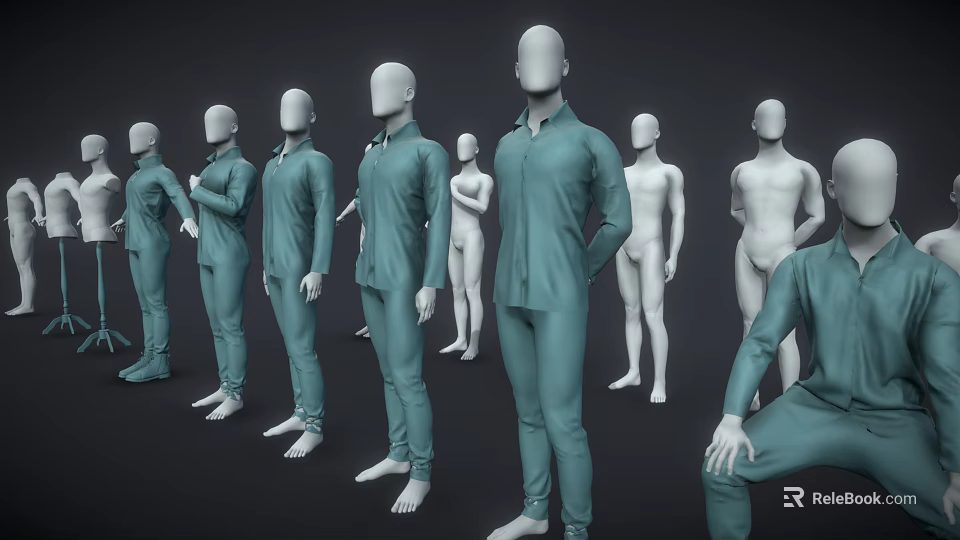 Male Mannequins In Various Poses With Green Clothing And White Standing Figures 3d model 