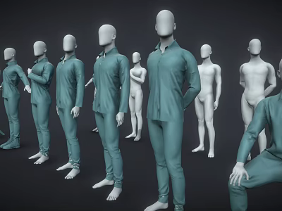 Male Mannequins In Various Poses With Green Clothing And White Standing Figures 3d model