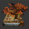 Red Leaf Tree With Vibrant Autumn Foliage Miniature Water Feature Bench And Green Grass Landscape