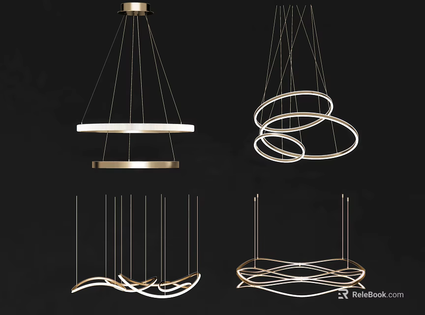 Modern Chandelier Designs with Circular Rings Linear Shapes and Metal Frames 3d model 