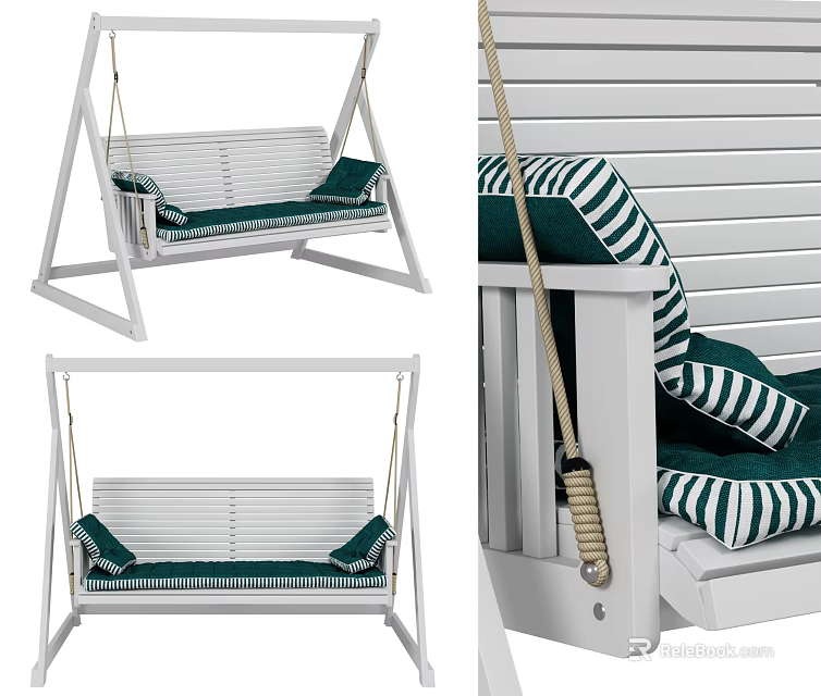 Comfortable White Swing Chair With Green And White Striped Cushions And Soft Pillows 3d model 