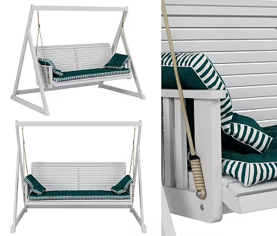 Comfortable White Swing Chair With Green And White Striped Cushions And Soft Pillows 3d model