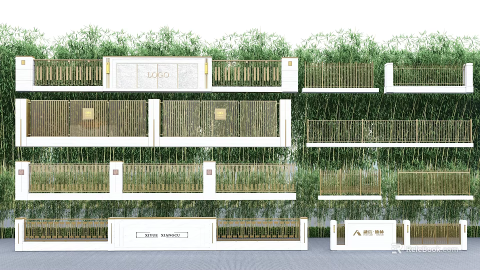 Modern Scenic Feature Wall Design With Bamboo Backdrop And Decorative Grilles 3d model