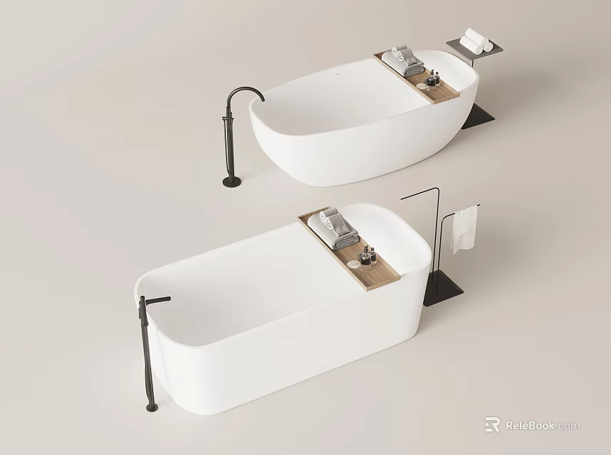 Modern White Bathtub Design With Black Faucet And Countertop Fixtures 3d model 