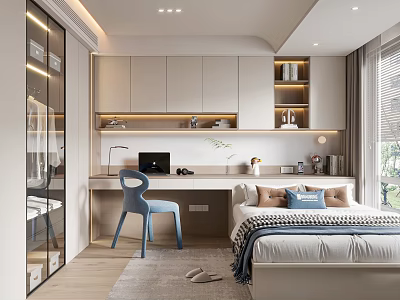 Modern Tatami Bedroom Interior Design With Bed Desk Chair And Storage Cabinets 3d model