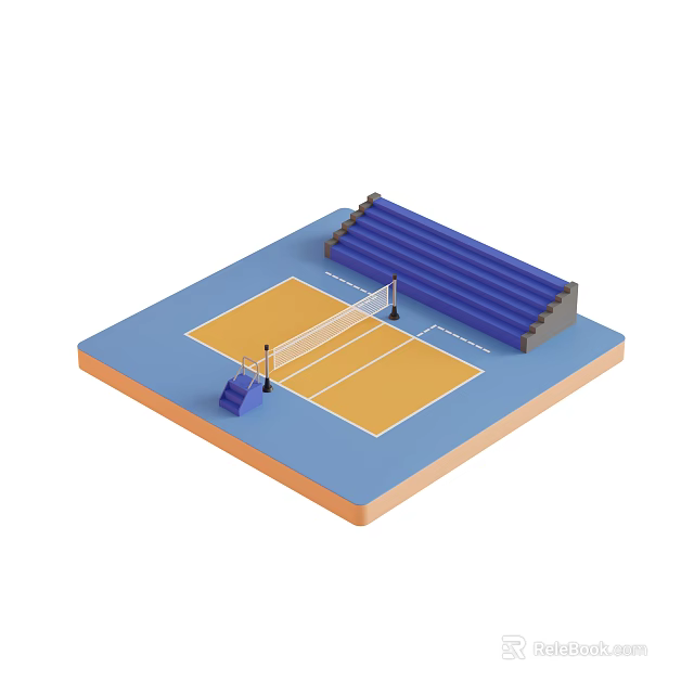 Volleyball Court With Yellow Floor Blue Bleachers Net And Referee Chair 3d model 