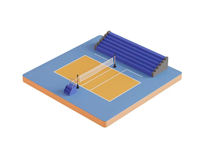 Volleyball Court With Yellow Floor Blue Bleachers Net And Referee Chair 3d model