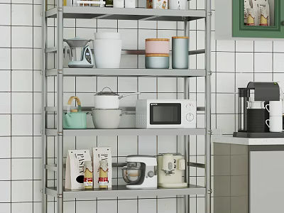 Modern Kitchen Interior With Metal Shelf Microwave Coffee Machine And Items 3d model