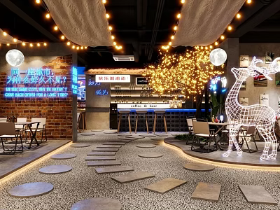 Cozy Bar Interior Featuring String Lights Brick Wall Counter Deer Decoration And Stone Path 3d model