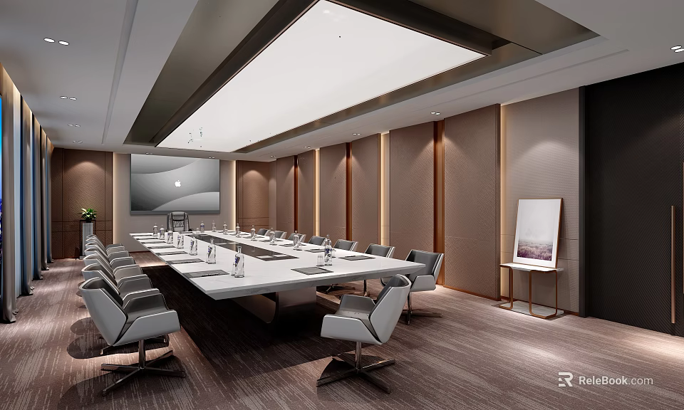 Elegant Modern Conference Room Long Meeting Table With Gray Chairs And Wall Art 3d model 