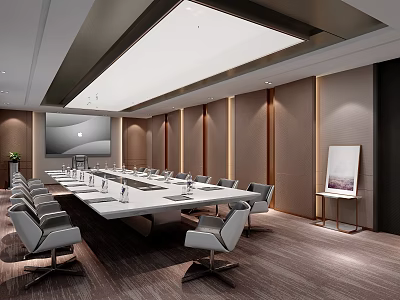 Elegant Modern Conference Room Long Meeting Table With Gray Chairs And Wall Art 3d model