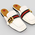 Stylish White Slippers Featuring Gold Metal Buckle And Red Black Stripes
