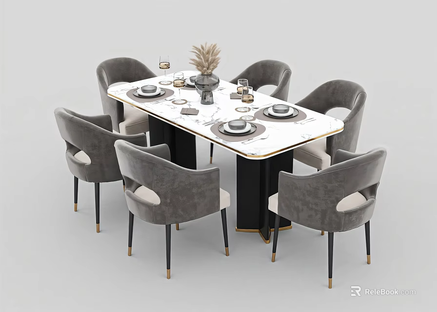 Modern Rectangular Dining Table Set With Six Gray Chairs And Tableware Decor 3d model 
