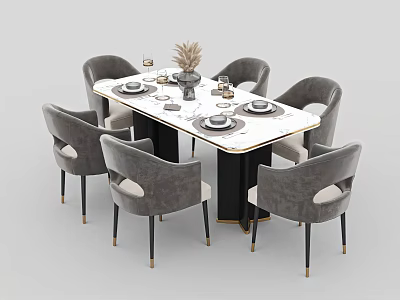Modern Rectangular Dining Table Set With Six Gray Chairs And Tableware Decor 3d model