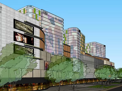 Modern Urban Commercial Complex With Glass Curtain Walls Multiple Buildings And Trees 3d model