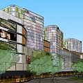 Modern Urban Commercial Complex With Glass Curtain Walls Multiple Buildings And Trees