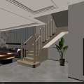 Modern Wooden Staircase in Light Colored Interior With Sofa Plant and Cabinet