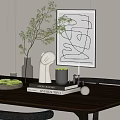 Modern Minimalist Decorative Ornament Set with Green Plants Clear Vase White Sculpture on Wooden Table