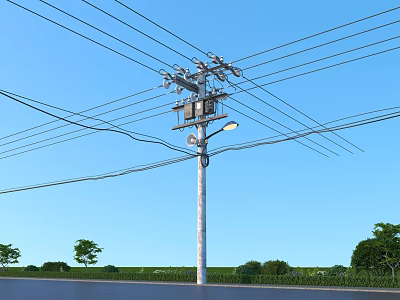 Roadside Utility Pole with Power Lines Street Lamp Blue Sky Grass and Trees 3d model