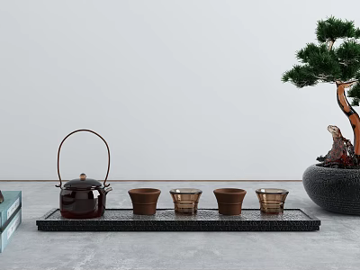 Minimalist Tea Set with Teapot Cups on Tray and Bonsai Tree and Books 3d model