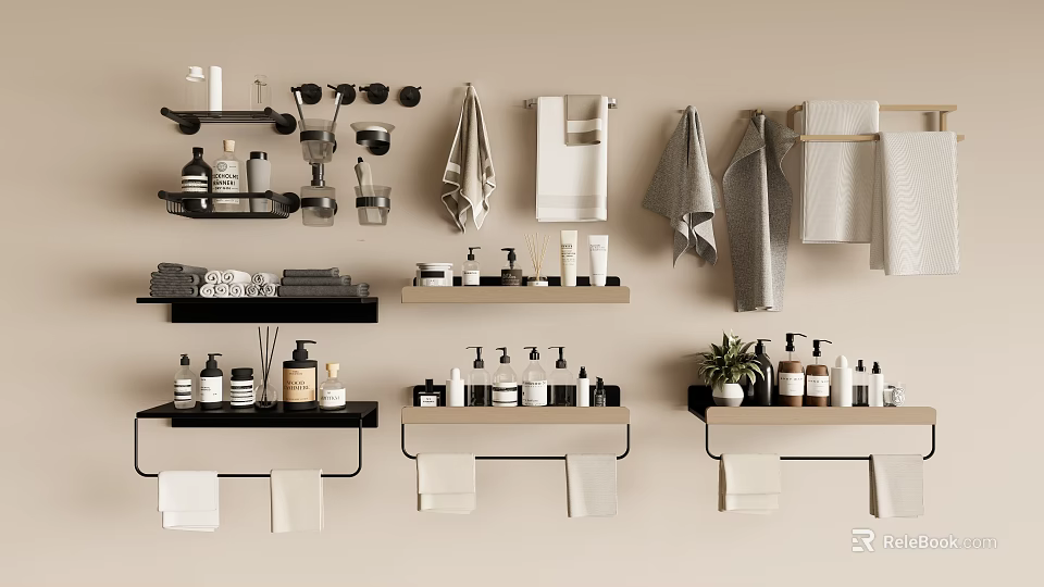 Stylish Bathroom Accessories Storage With Wall Mounted Shelves 3d model 