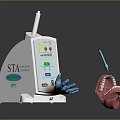 Dental Medical Device With Blue Gloves Open Mouth Model And Tool